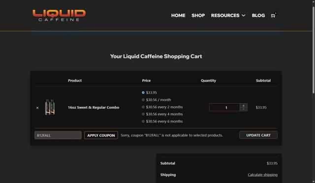 Liquid Caffeine checkout page showing Liquid Caffeine promo code box | Screenshot taken by SimplyCodes community member on Aug 28, 2025