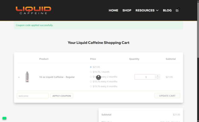 Liquid Caffeine checkout page showing Liquid Caffeine promo code box | Screenshot taken by SimplyCodes community member on Aug 17, 2025
