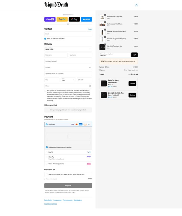 Liquid Death checkout page showing Liquid Death discount code box | Screenshot taken by SimplyCodes community member on Aug 25, 2025