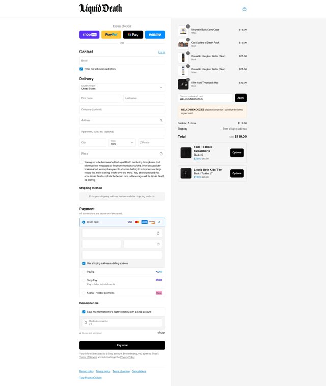 Liquid Death checkout page showing Liquid Death discount code box | Screenshot taken by SimplyCodes community member on Aug 25, 2025