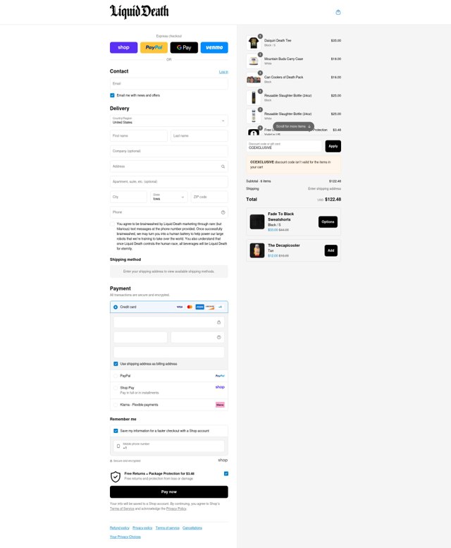 Liquid Death checkout page showing Liquid Death discount code box | Screenshot taken by SimplyCodes community member on Sep 6, 2025