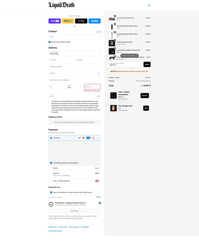 Liquid Death checkout page showing Liquid Death discount code box | Screenshot taken by SimplyCodes community member on Aug 20, 2025