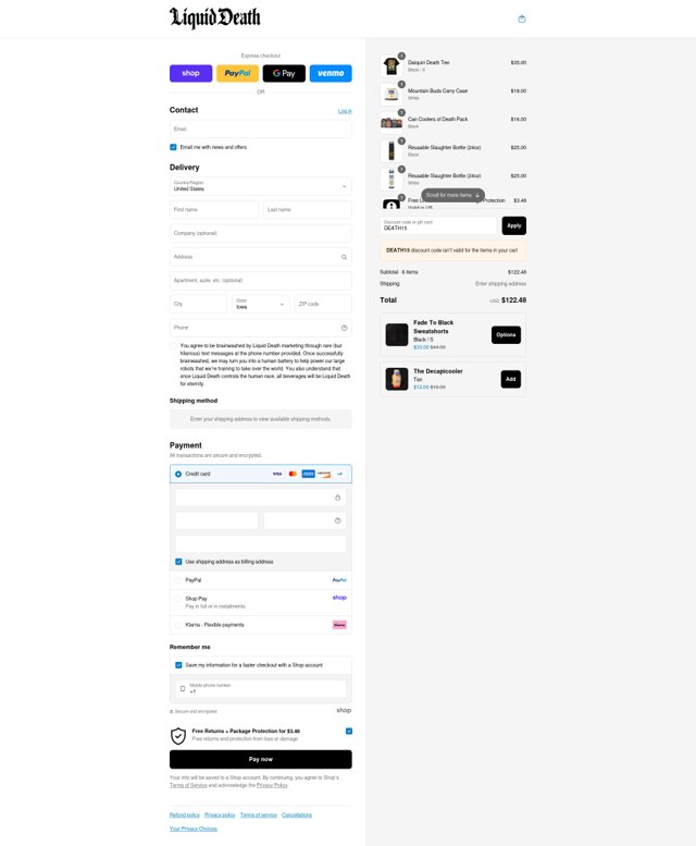 Liquid Death checkout page showing Liquid Death discount code box | Screenshot taken by SimplyCodes community member on Aug 29, 2025