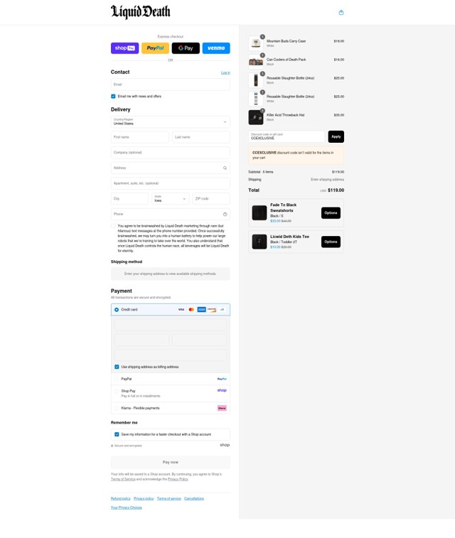 Liquid Death checkout page showing Liquid Death discount code box | Screenshot taken by SimplyCodes community member on Aug 25, 2025