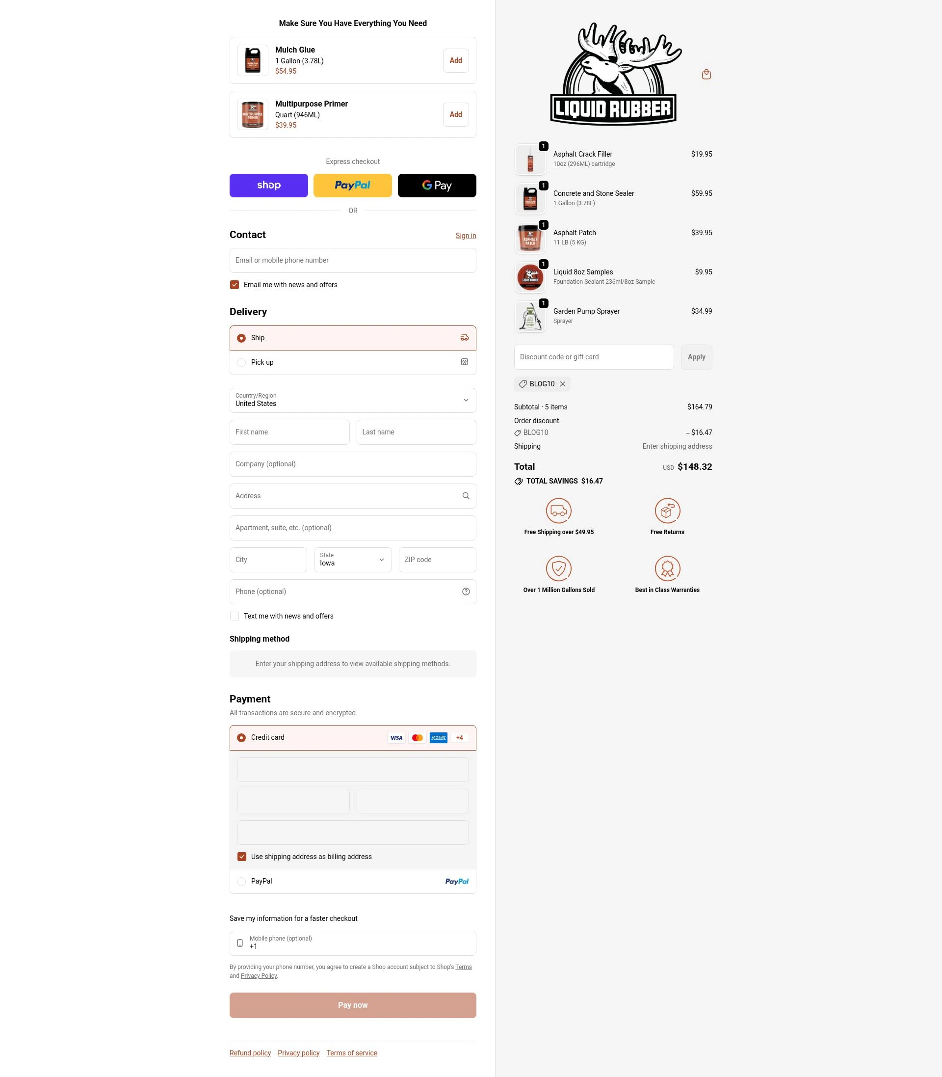 Liquid Rubber checkout page showing Liquid Rubber promo code box | Screenshot taken by SimplyCodes community member on Jan 13, 2026