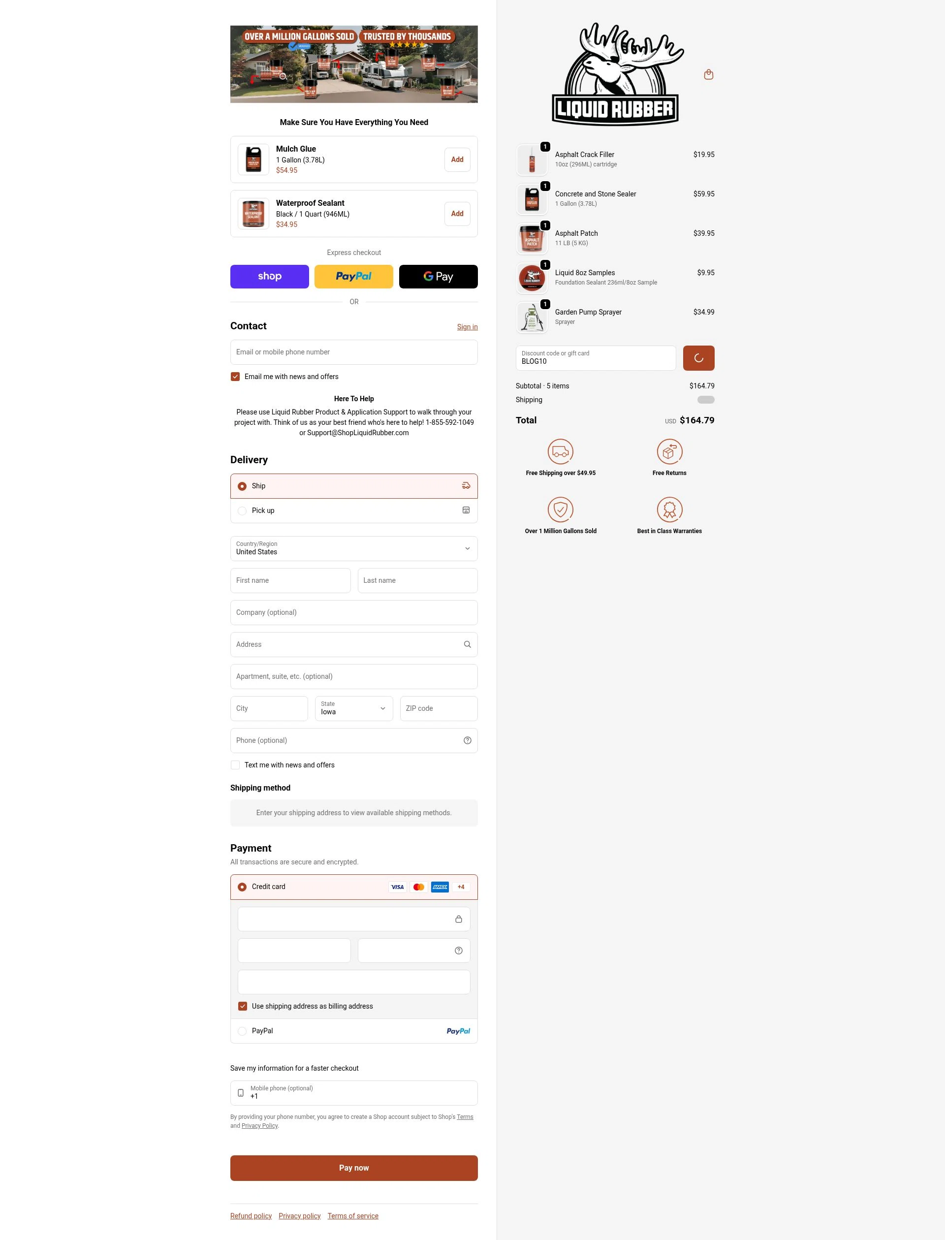 Liquid Rubber checkout page showing Liquid Rubber promo code box | Screenshot taken by SimplyCodes community member on Feb 1, 2026