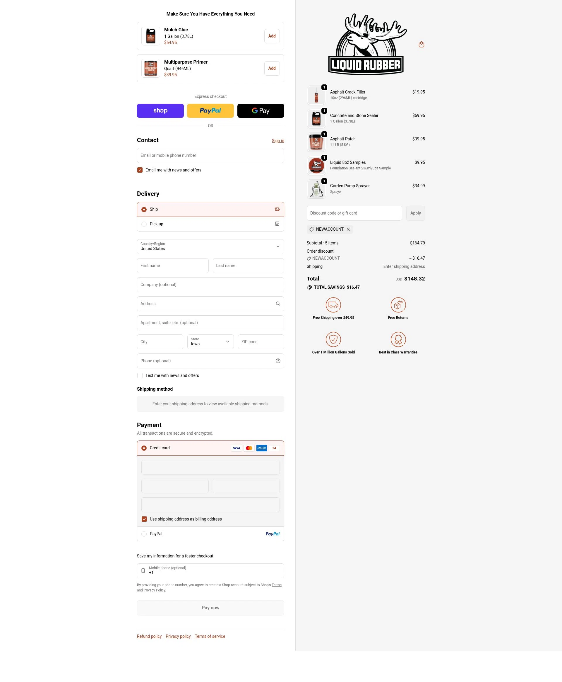 Liquid Rubber checkout page showing Liquid Rubber promo code box | Screenshot taken by SimplyCodes community member on Jan 13, 2026