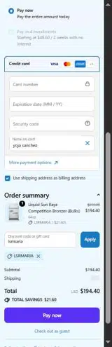 Liquid Sun Rayz coupon verification screenshot