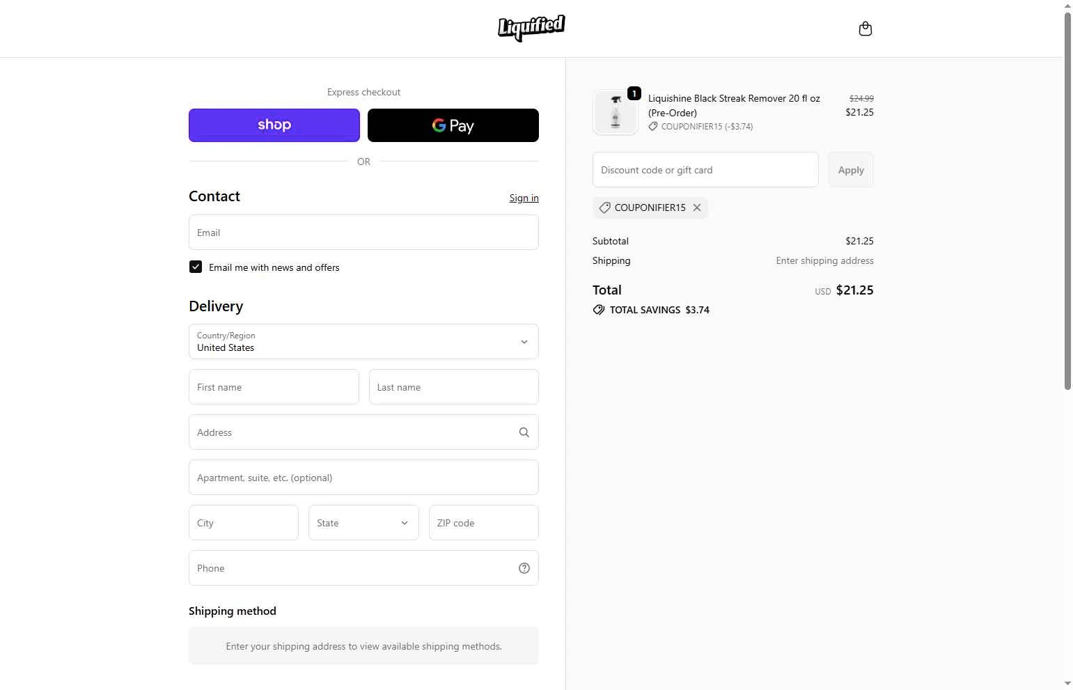 Liquified checkout page showing Liquified promo code box | Screenshot taken by SimplyCodes community member on Feb 9, 2026