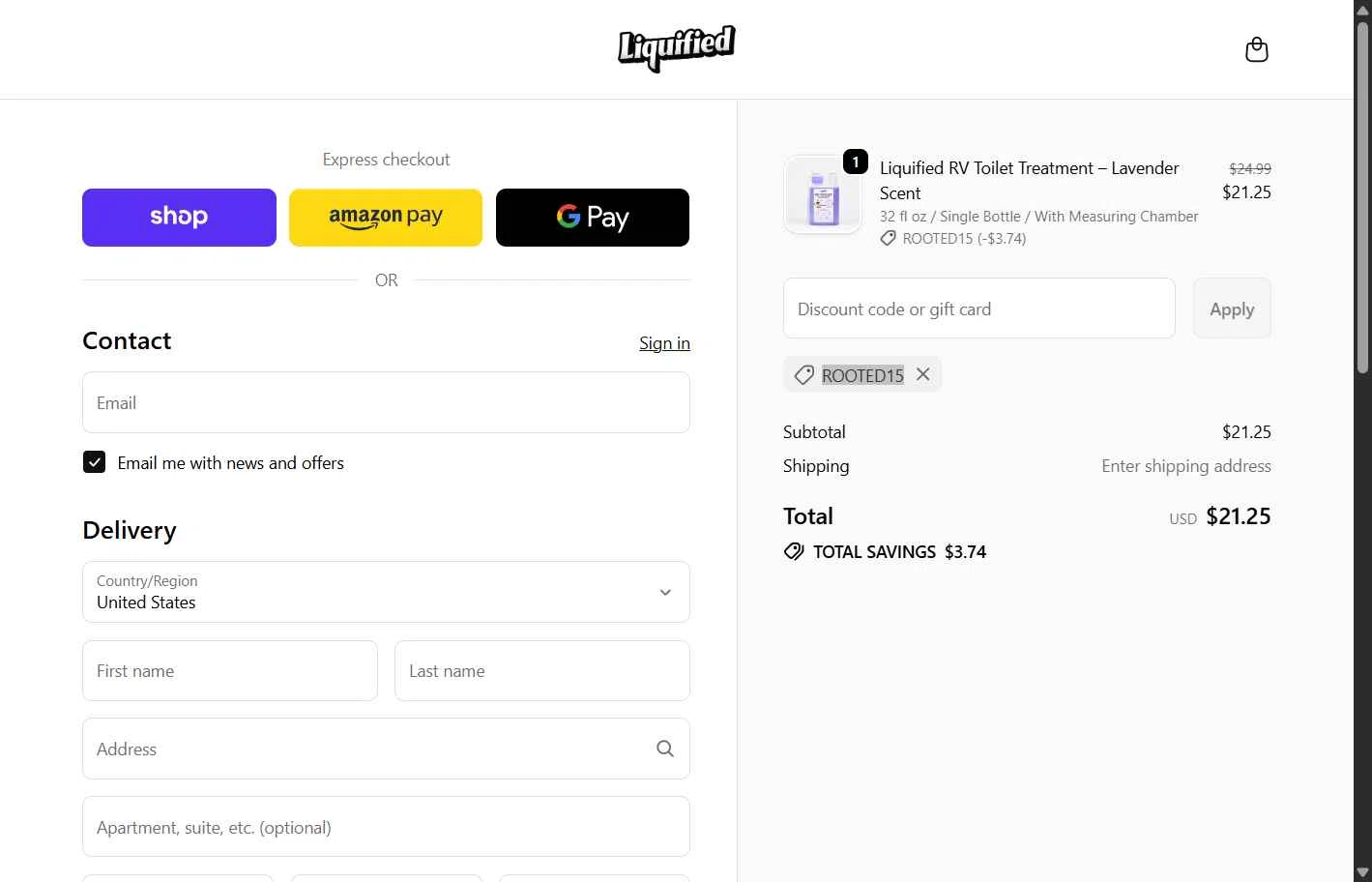 Liquified checkout page showing Liquified promo code box | Screenshot taken by SimplyCodes community member on Feb 9, 2026