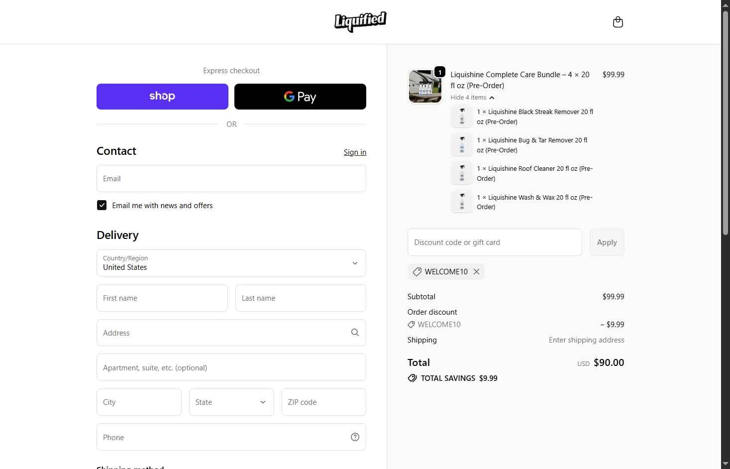 Liquified checkout page showing Liquified promo code box | Screenshot taken by SimplyCodes community member on Feb 13, 2026
