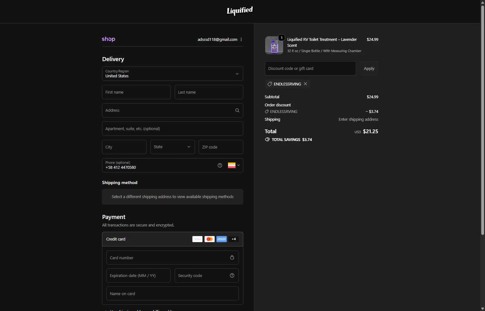 Liquified checkout page showing Liquified promo code box | Screenshot taken by SimplyCodes community member on Feb 15, 2026
