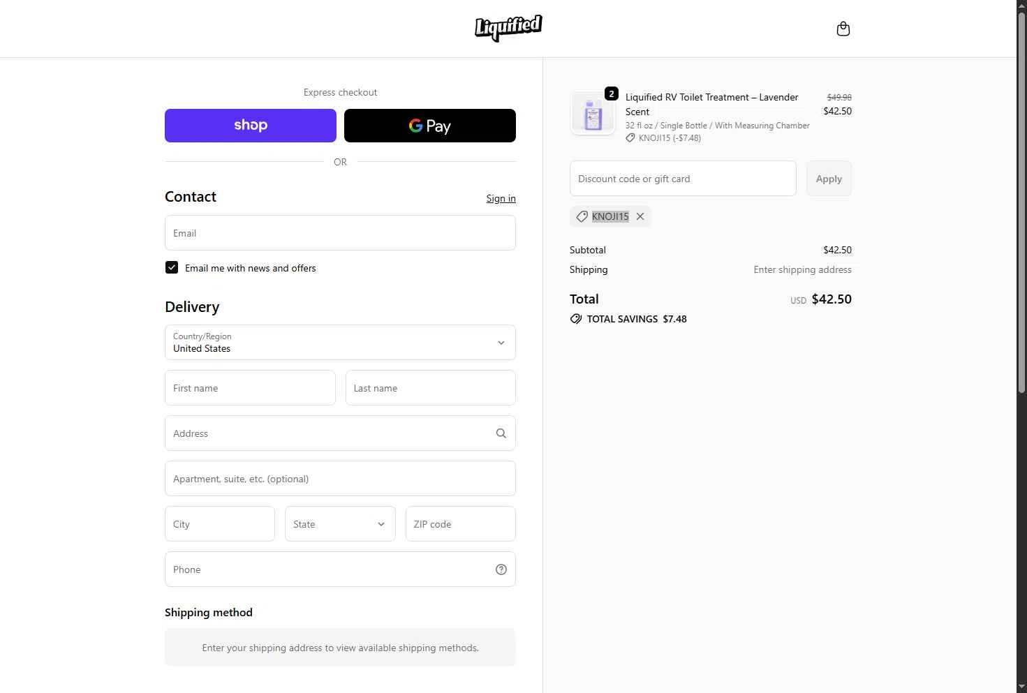 Liquified checkout page showing Liquified promo code box | Screenshot taken by SimplyCodes community member on Feb 9, 2026