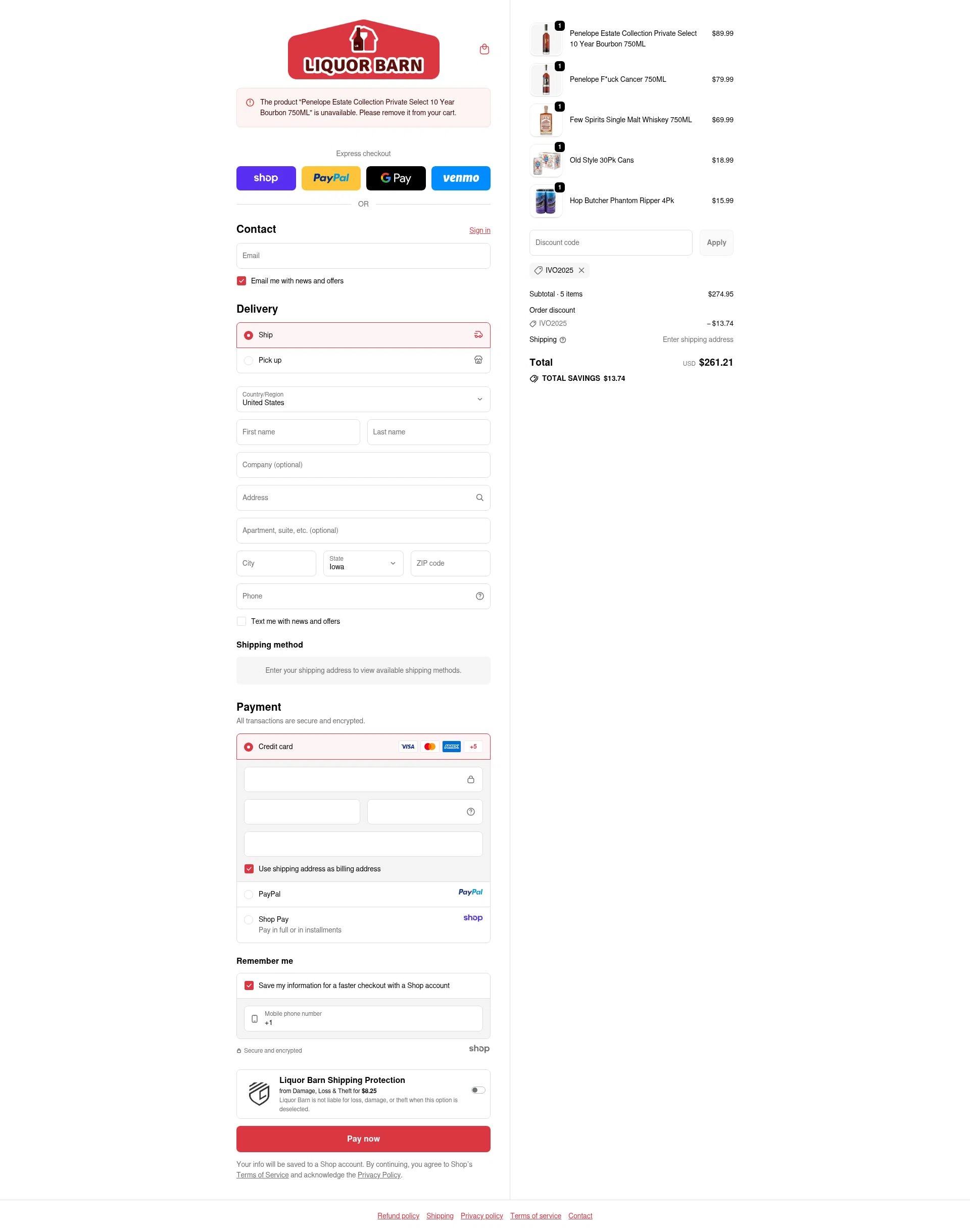 Liquor Barn checkout page showing Liquor Barn promo code box | Screenshot taken by SimplyCodes community member on Sep 25, 2025