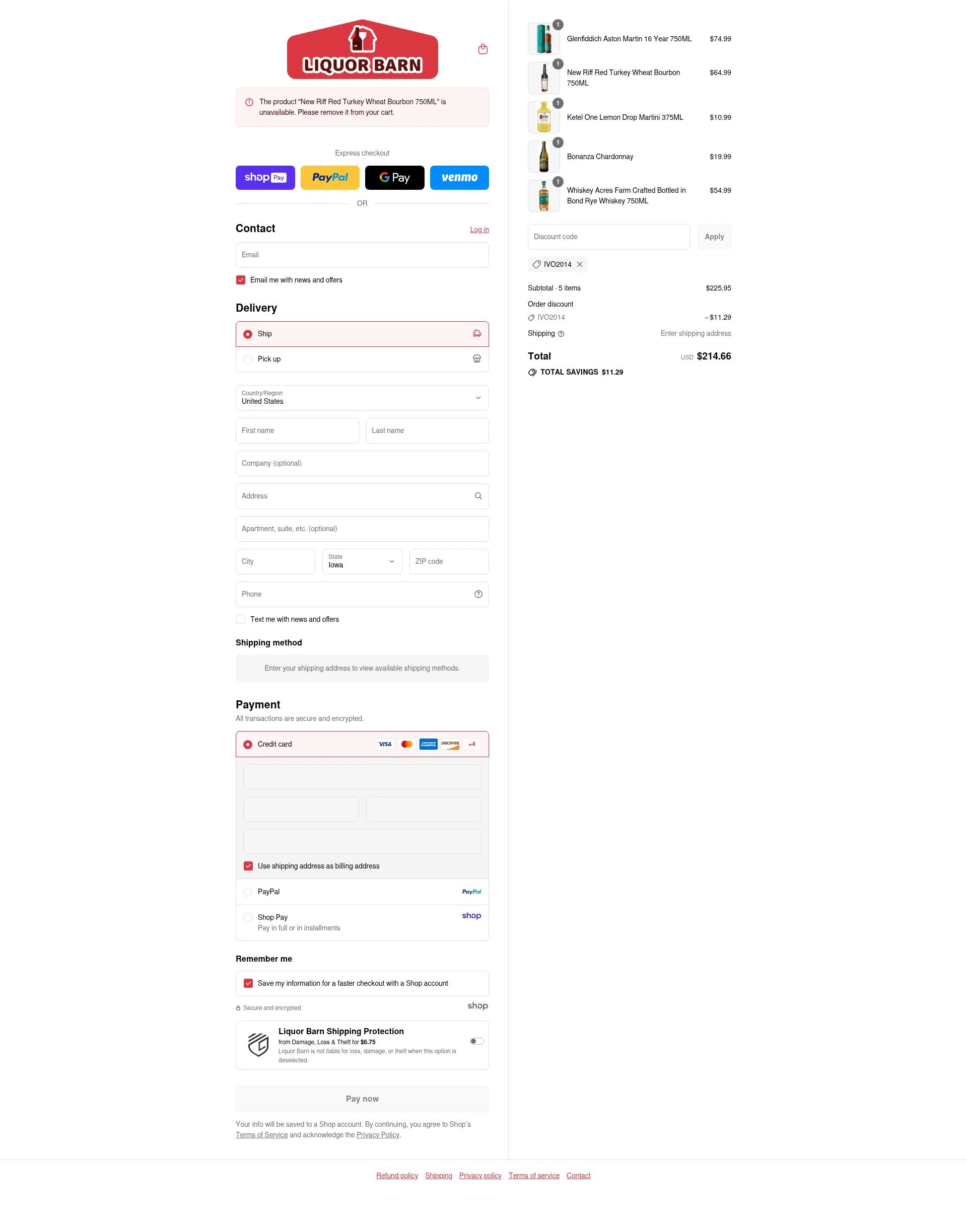 Liquor Barn checkout page showing Liquor Barn promo code box | Screenshot taken by SimplyCodes community member on Aug 27, 2025