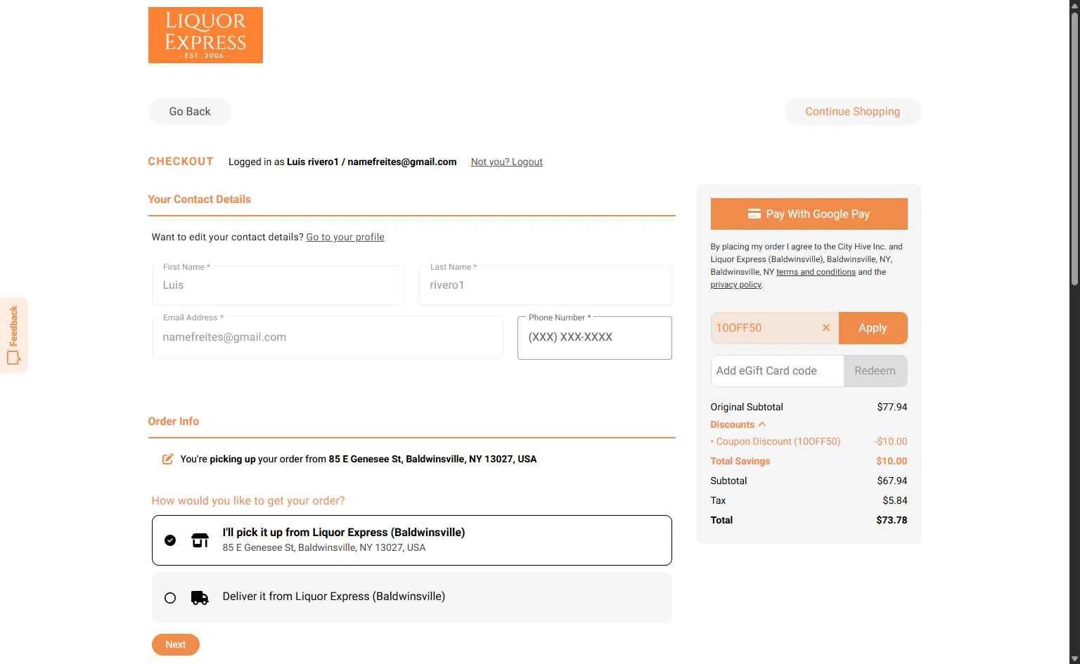 Liquor Express checkout page showing Liquor Express discount code box | Screenshot taken by SimplyCodes community member on Dec 17, 2025