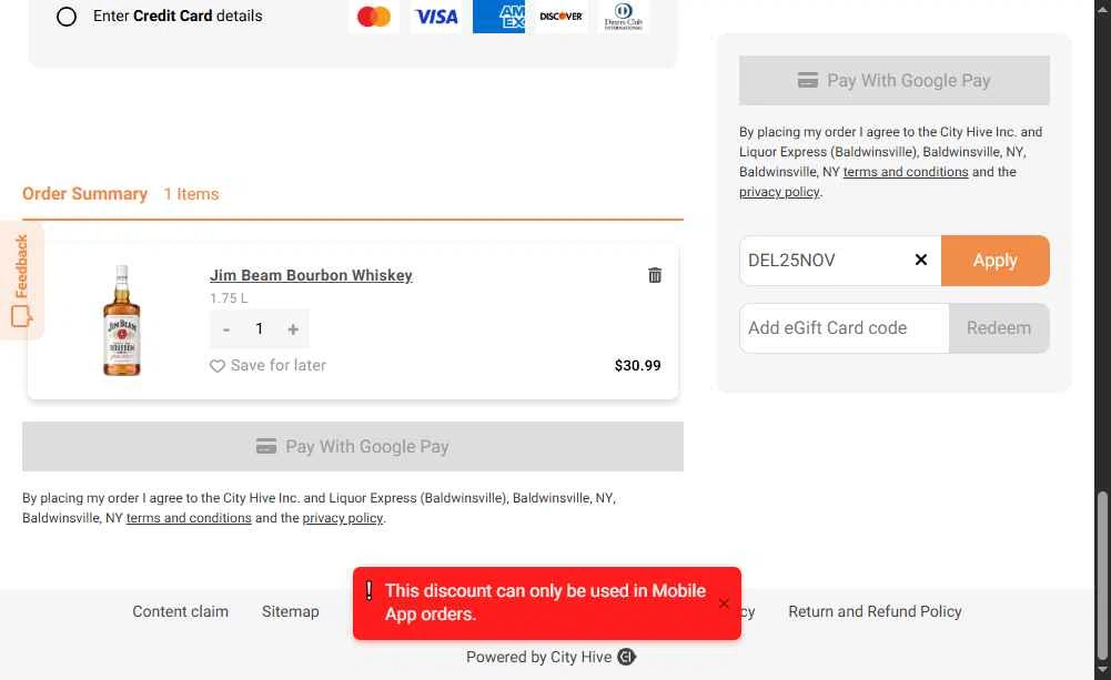 Liquor Express checkout page showing Liquor Express discount code box | Screenshot taken by SimplyCodes community member on Nov 2, 2025