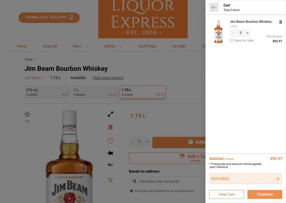 Liquor Express checkout page showing Liquor Express discount code box | Screenshot taken by SimplyCodes community member on Nov 2, 2025