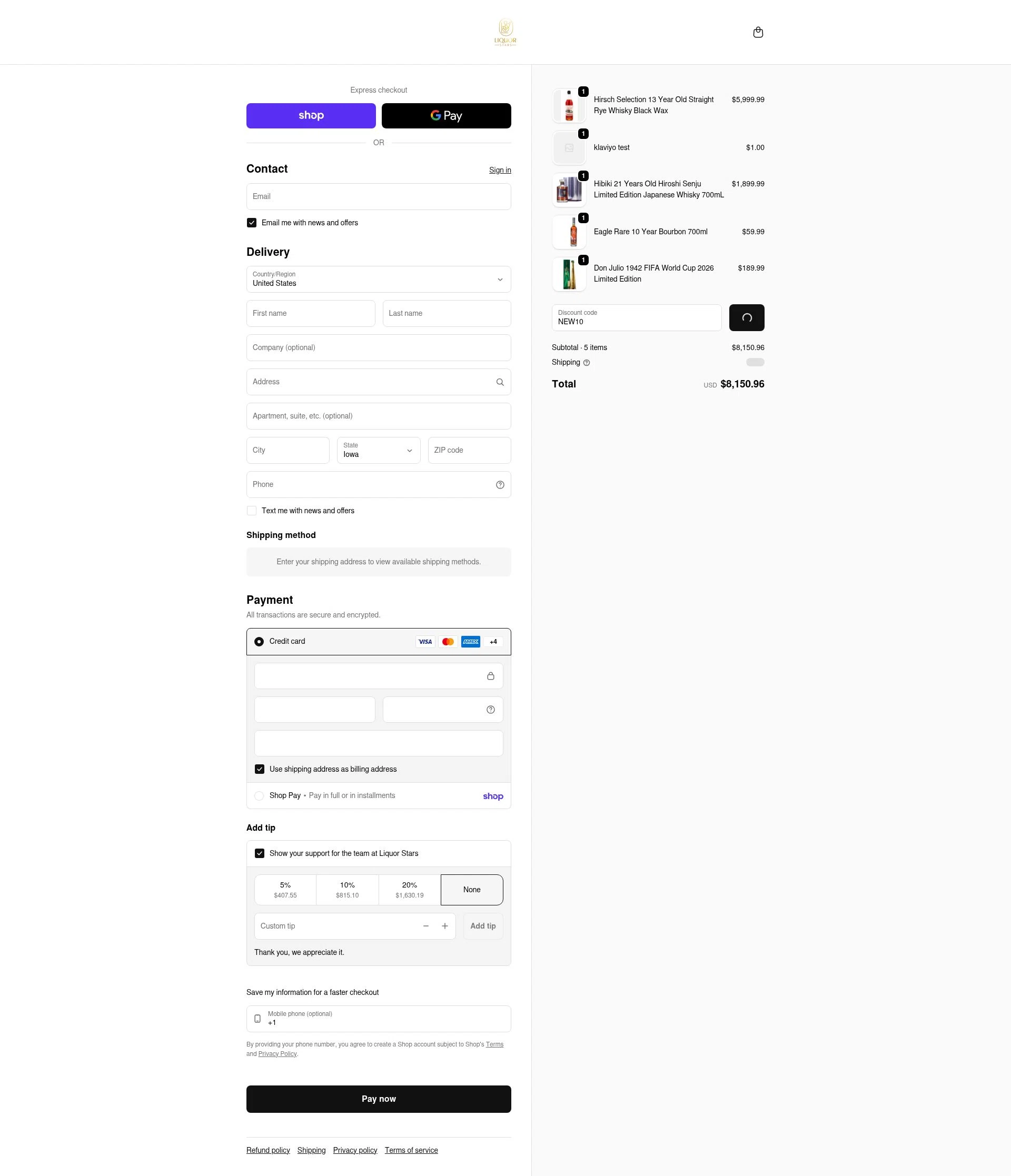 Liquor Stars checkout page showing Liquor Stars discount code box | Screenshot taken by SimplyCodes community member on Feb 1, 2026