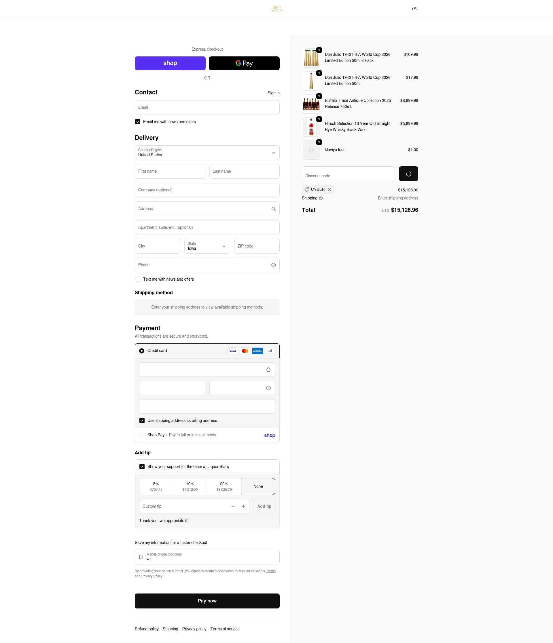 Liquor Stars checkout page showing Liquor Stars discount code box | Screenshot taken by SimplyCodes community member on Feb 5, 2026