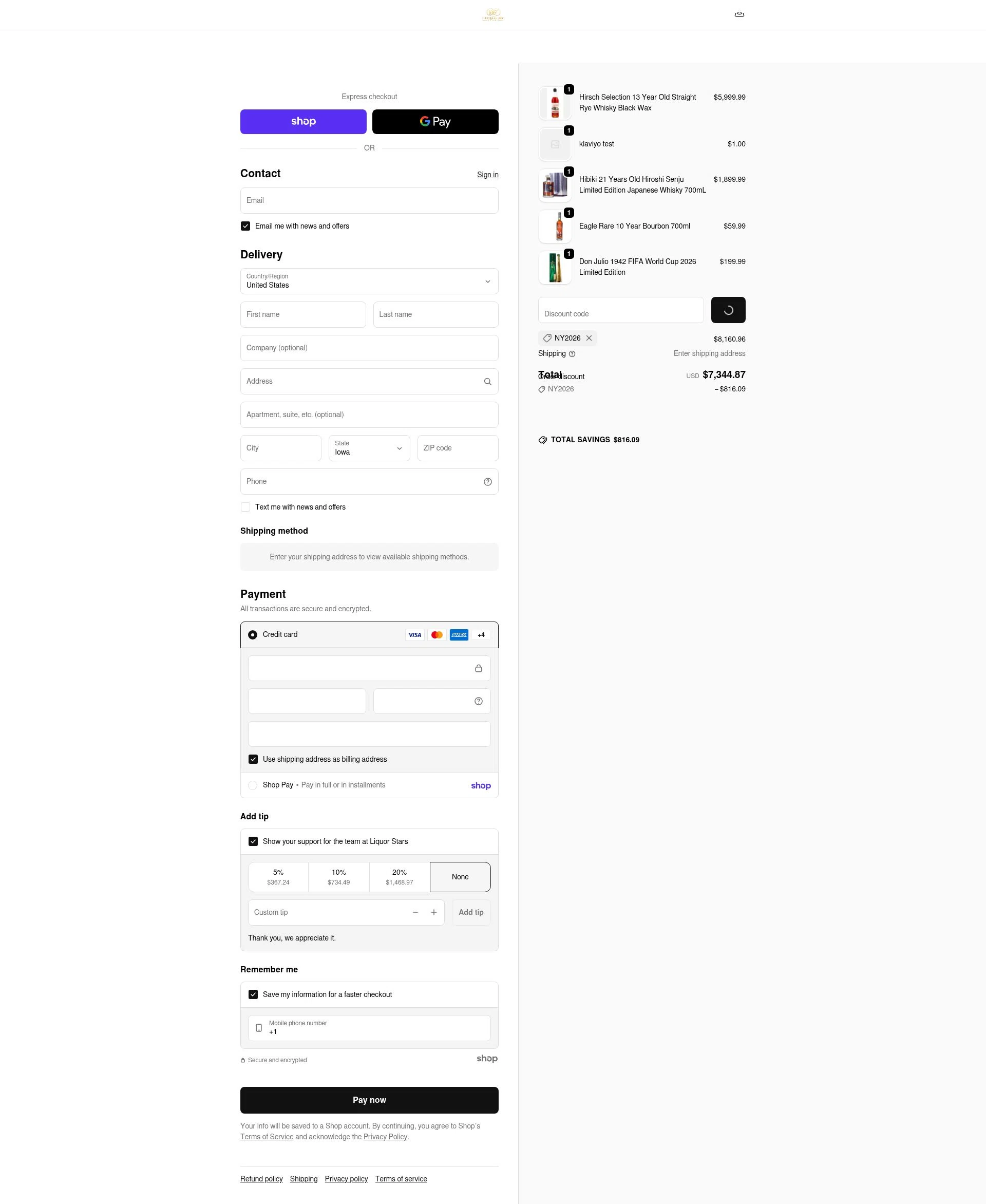 Liquor Stars checkout page showing Liquor Stars discount code box | Screenshot taken by SimplyCodes community member on Jan 27, 2026