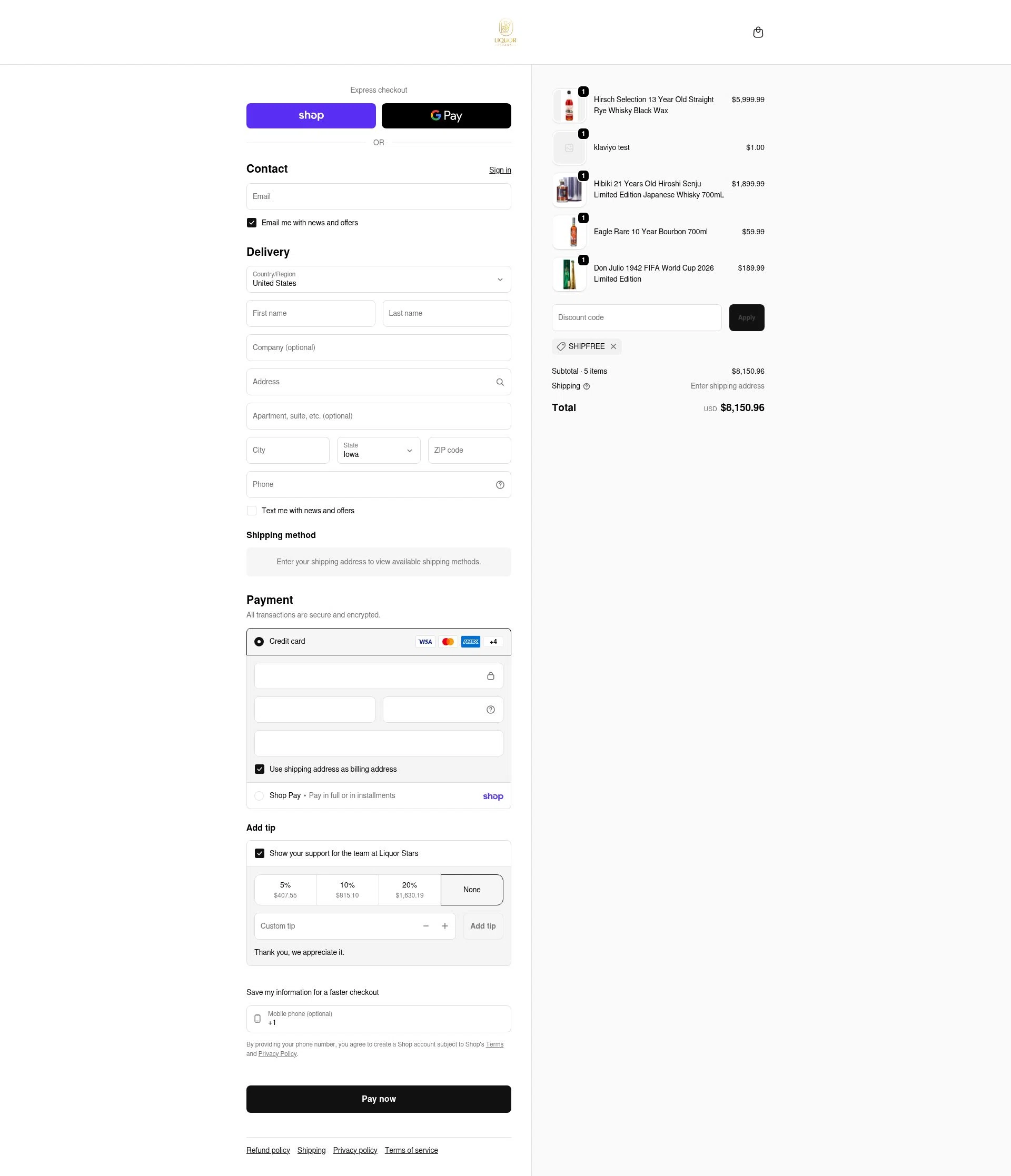 Liquor Stars checkout page showing Liquor Stars discount code box | Screenshot taken by SimplyCodes community member on Feb 1, 2026