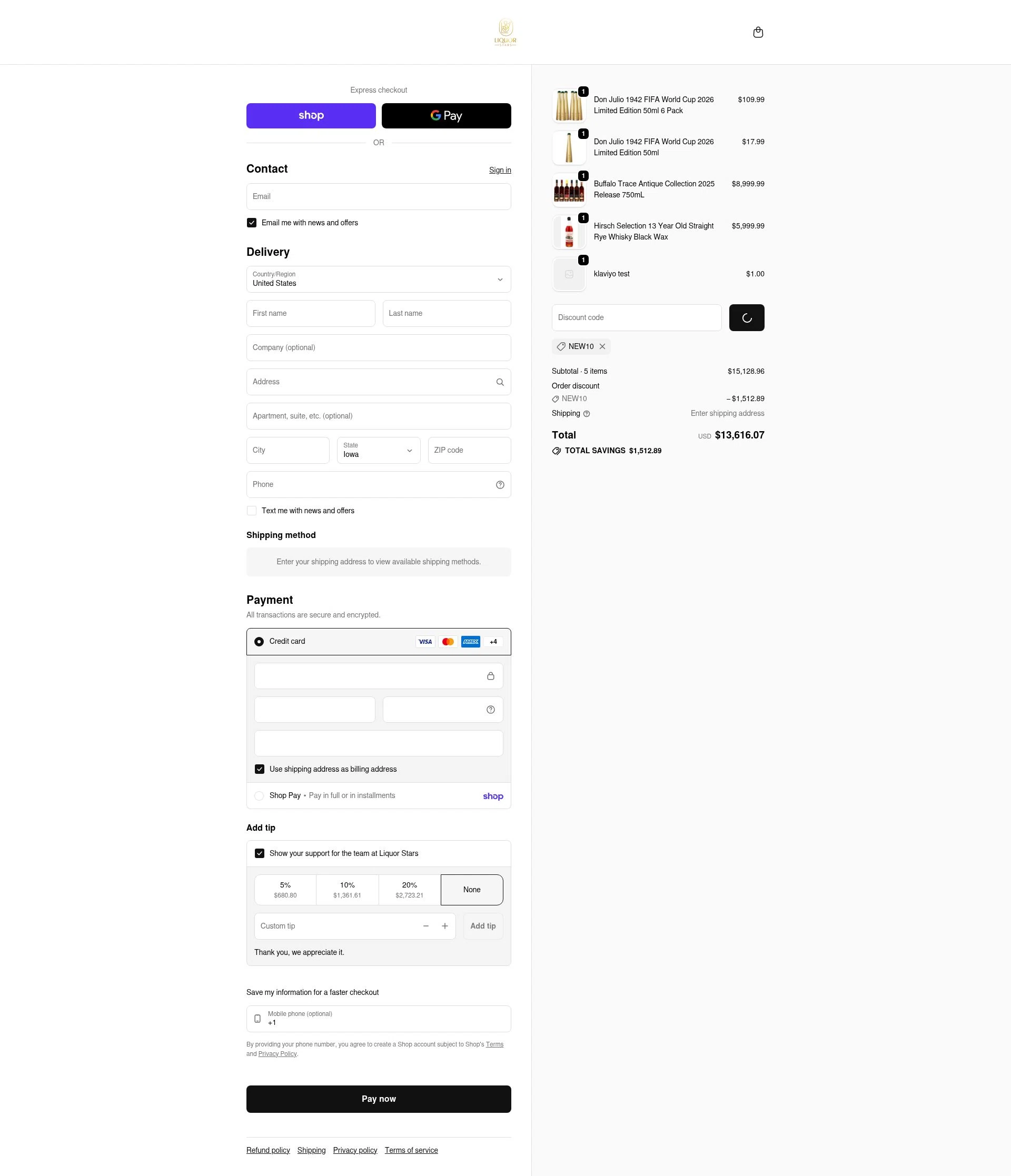 Liquor Stars checkout page showing Liquor Stars discount code box | Screenshot taken by SimplyCodes community member on Feb 5, 2026