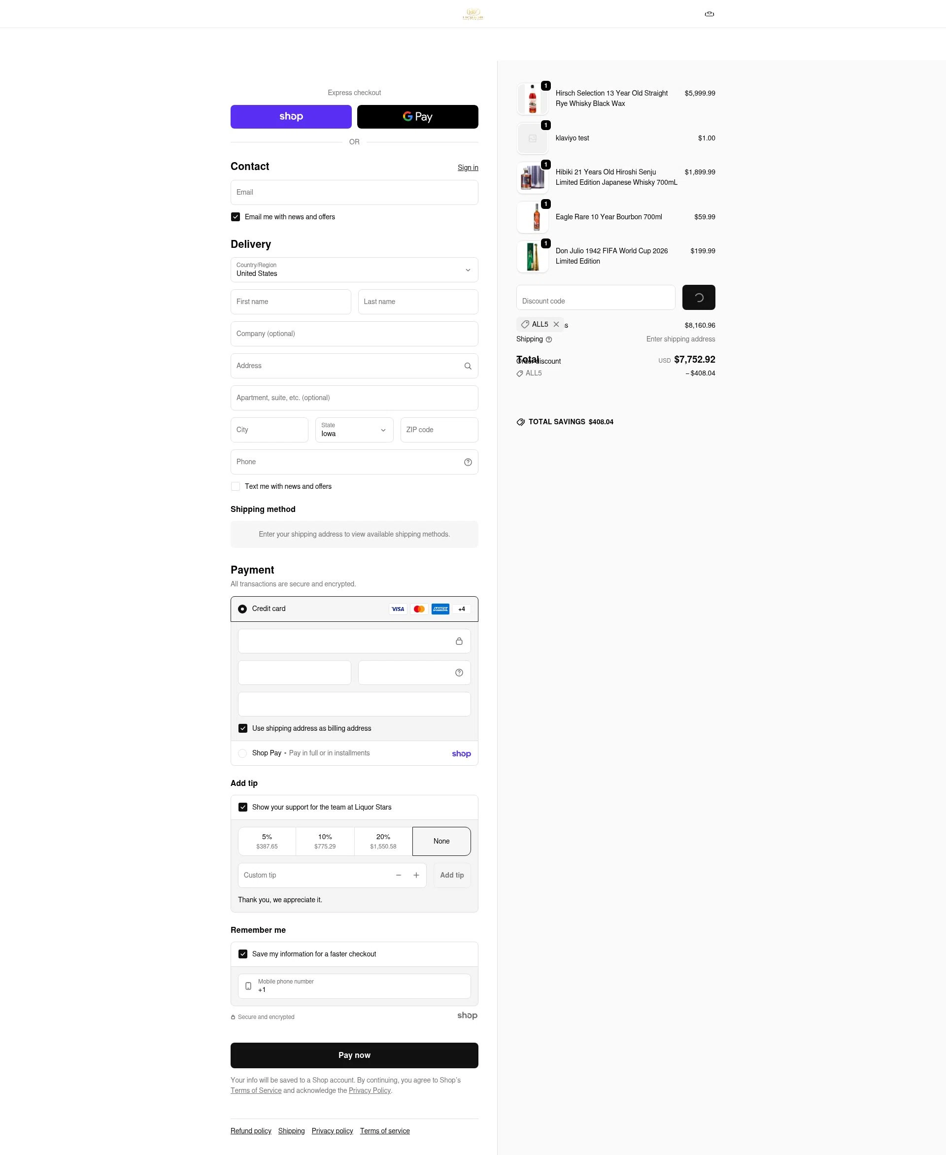 Liquor Stars checkout page showing Liquor Stars discount code box | Screenshot taken by SimplyCodes community member on Jan 27, 2026