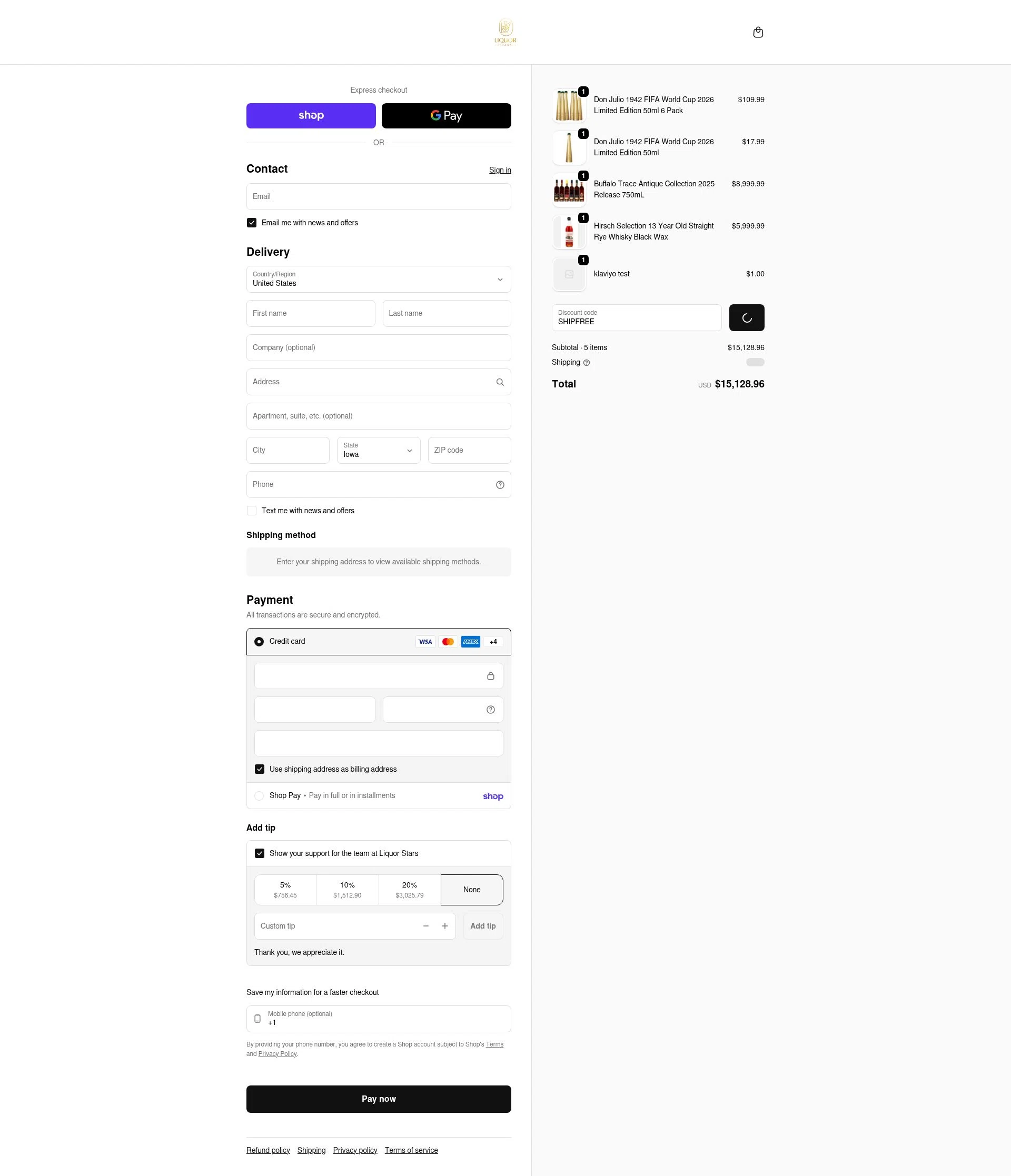Liquor Stars checkout page showing Liquor Stars discount code box | Screenshot taken by SimplyCodes community member on Feb 5, 2026