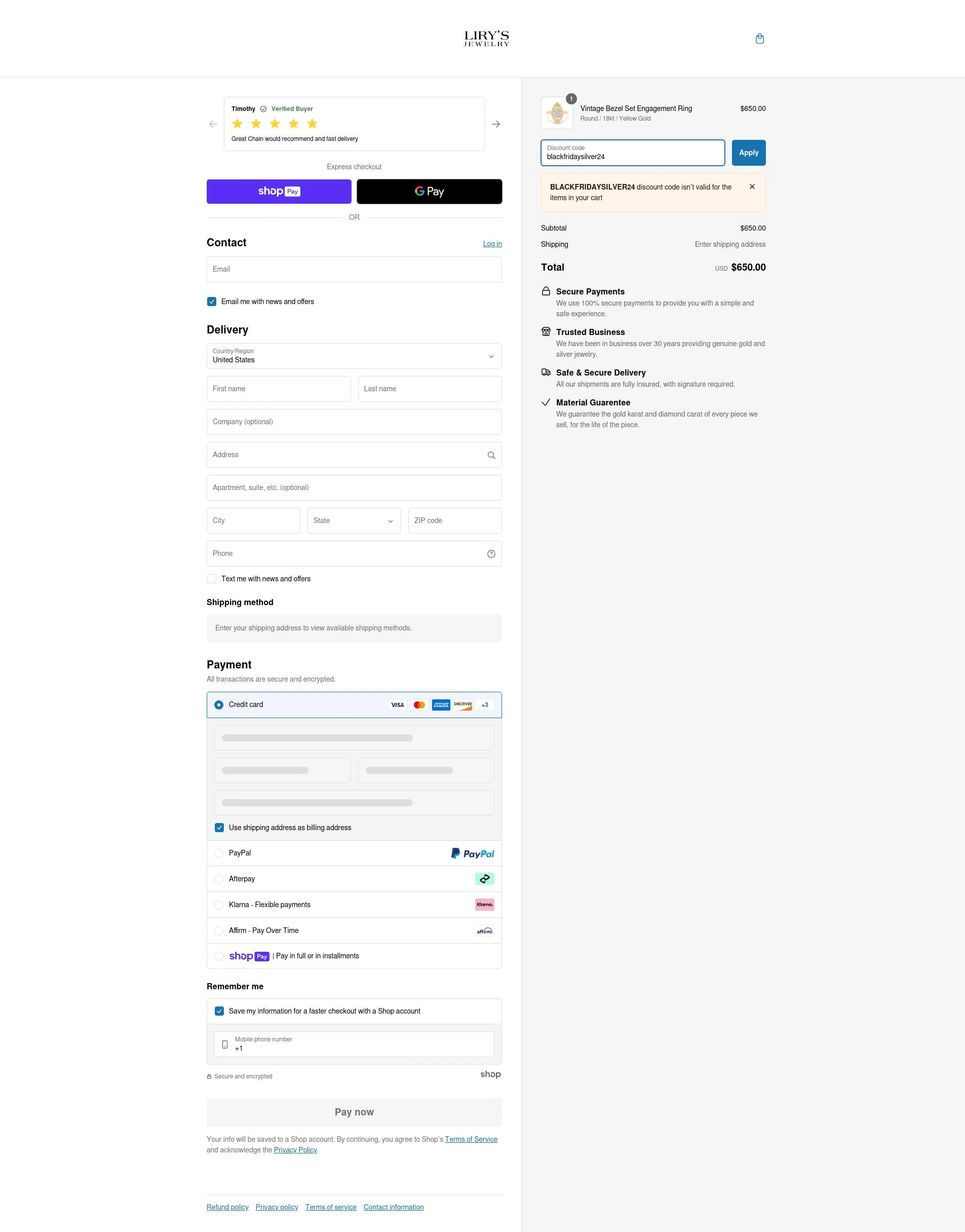 Lirys Jewelry checkout page showing Lirys Jewelry discount code box | Screenshot taken by SimplyCodes community member on Dec 12, 2024