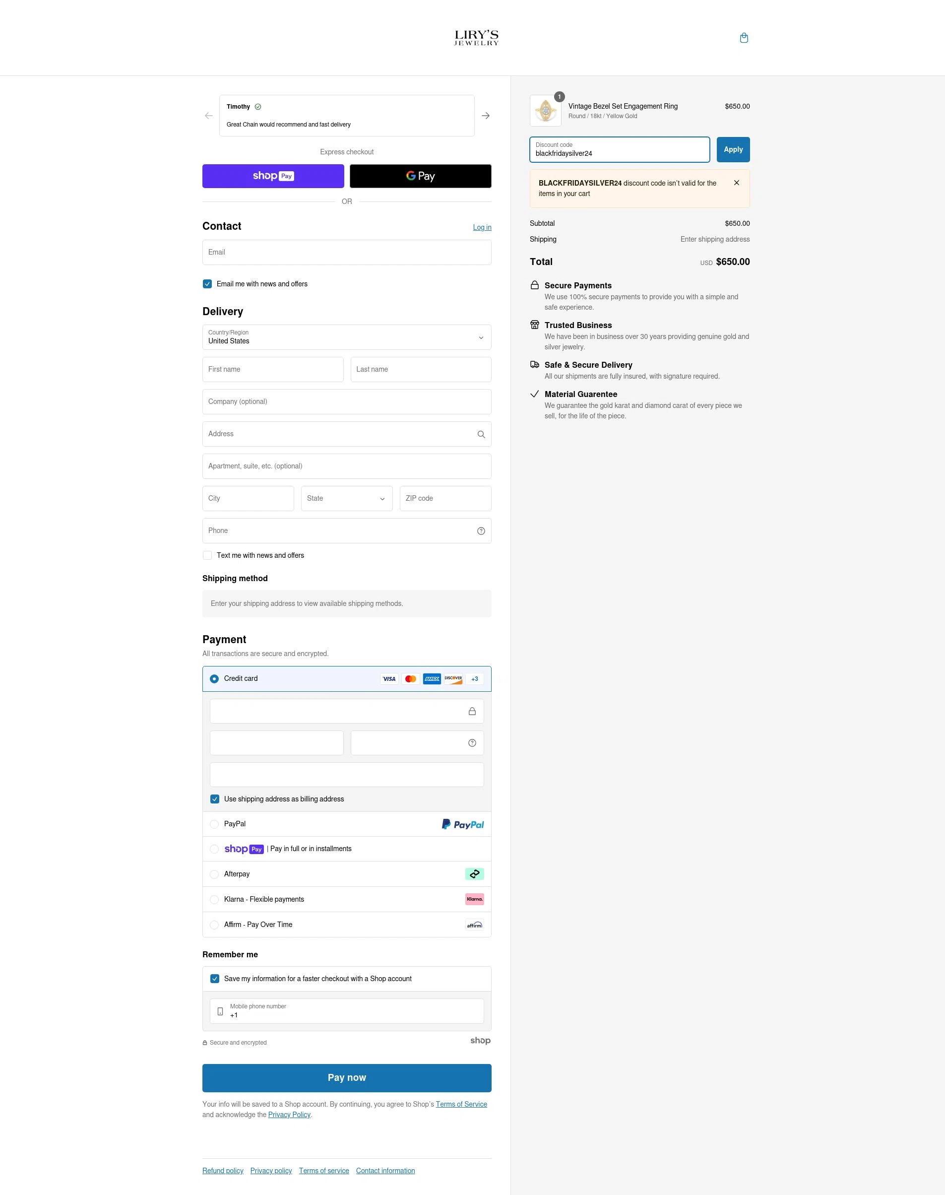 Lirys Jewelry checkout page showing Lirys Jewelry discount code box | Screenshot taken by SimplyCodes community member on Dec 20, 2024