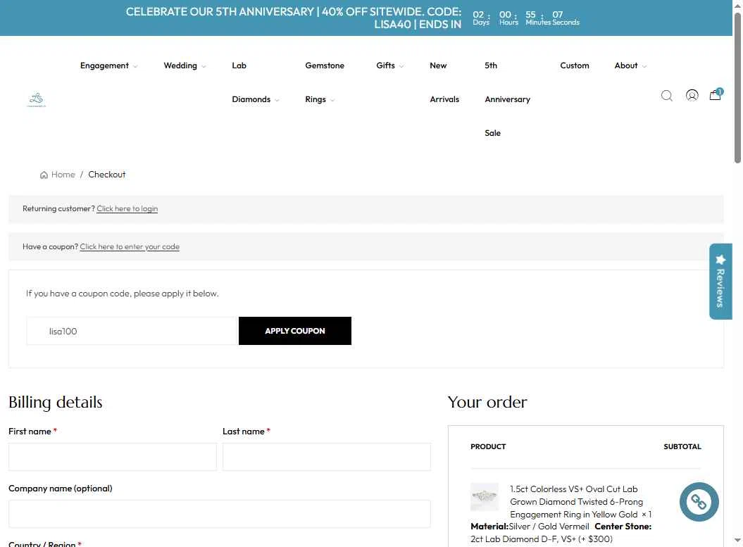 LisaJewelryUS checkout page showing LisaJewelryUS promo code box | Screenshot taken by SimplyCodes community member on Oct 30, 2025
