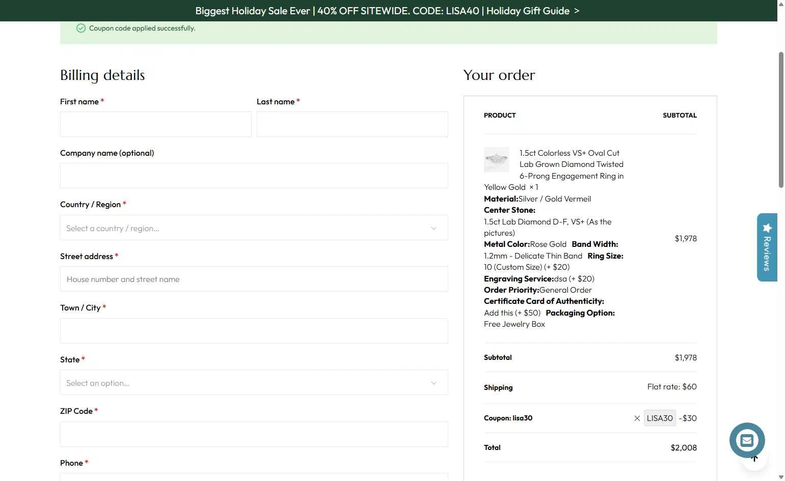 LisaJewelryUS checkout page showing LisaJewelryUS promo code box | Screenshot taken by SimplyCodes community member on Nov 6, 2025