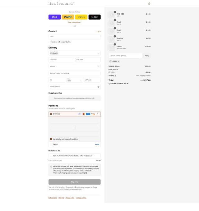 Lisa Leonard checkout page showing Lisa Leonard coupon code box | Screenshot taken by SimplyCodes community member on Aug 30, 2025