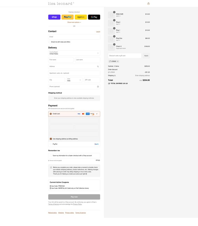 Lisa Leonard checkout page showing Lisa Leonard coupon code box | Screenshot taken by SimplyCodes community member on Sep 3, 2025