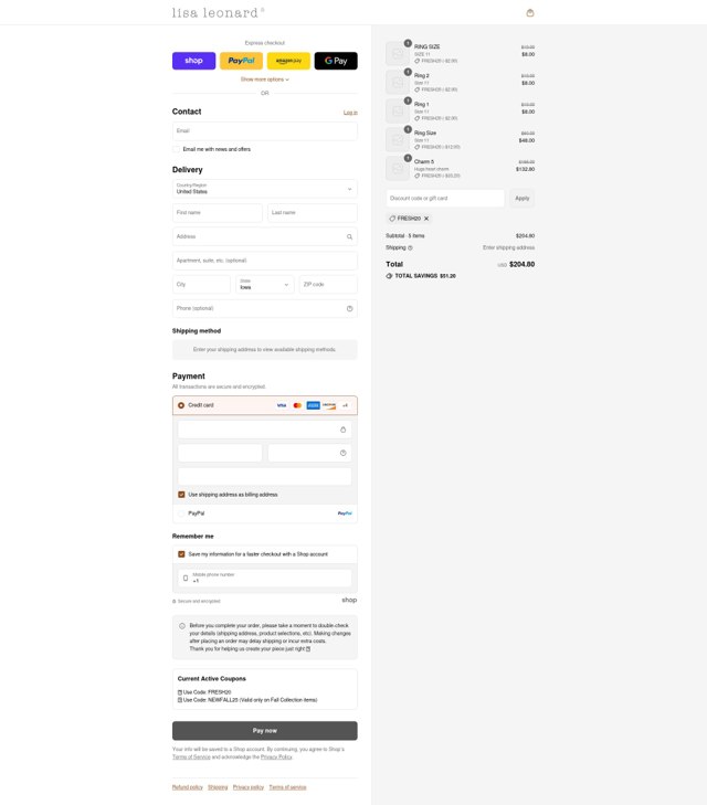 Lisa Leonard checkout page showing Lisa Leonard coupon code box | Screenshot taken by SimplyCodes community member on Sep 3, 2025