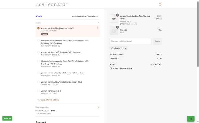 Lisa Leonard checkout page showing Lisa Leonard coupon code box | Screenshot taken by SimplyCodes community member on Sep 2, 2025