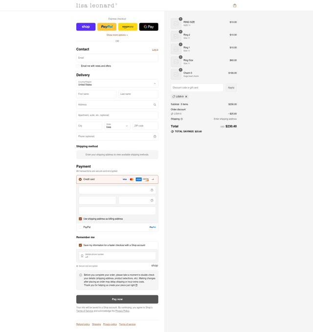 Lisa Leonard checkout page showing Lisa Leonard coupon code box | Screenshot taken by SimplyCodes community member on Aug 30, 2025