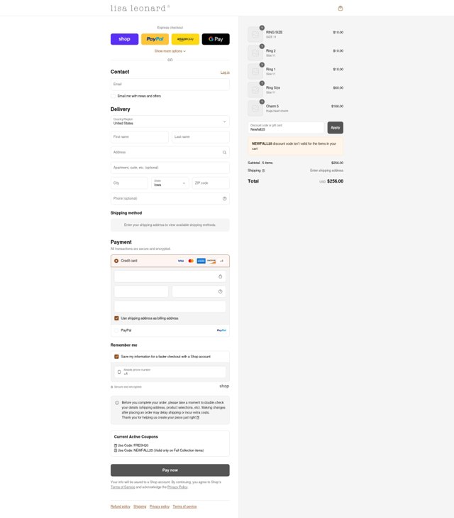 Lisa Leonard checkout page showing Lisa Leonard coupon code box | Screenshot taken by SimplyCodes community member on Sep 3, 2025