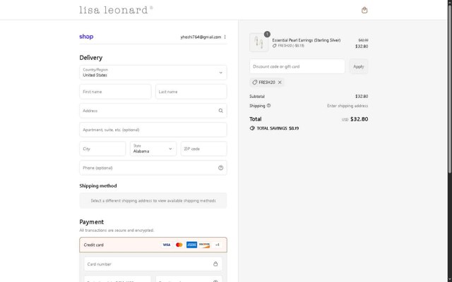 Lisa Leonard checkout page showing Lisa Leonard coupon code box | Screenshot taken by SimplyCodes community member on Sep 2, 2025