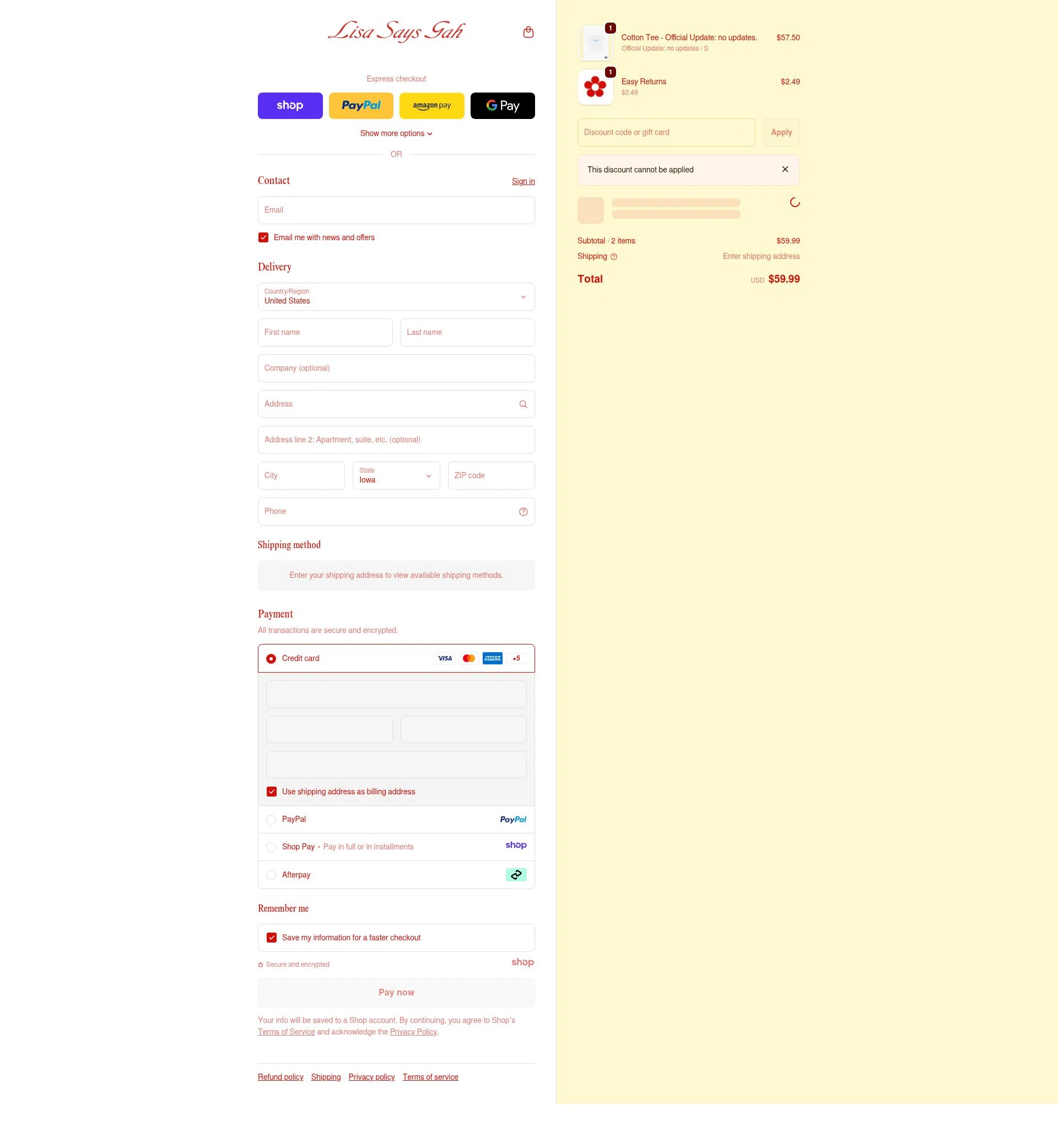 Lisa Says Gah checkout page showing Lisa Says Gah discount code box | Screenshot taken by SimplyCodes community member on Dec 26, 2025