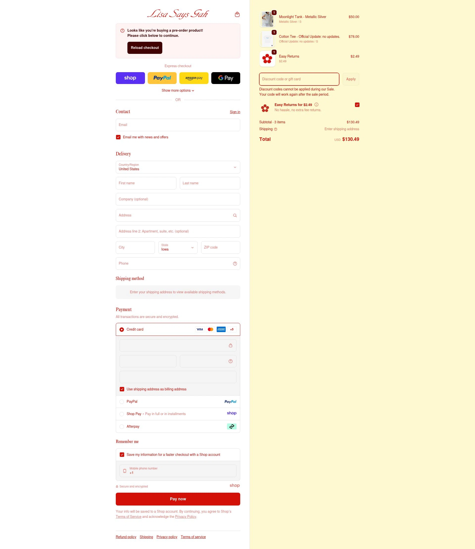 Lisa Says Gah checkout page showing Lisa Says Gah discount code box | Screenshot taken by SimplyCodes community member on Nov 30, 2025