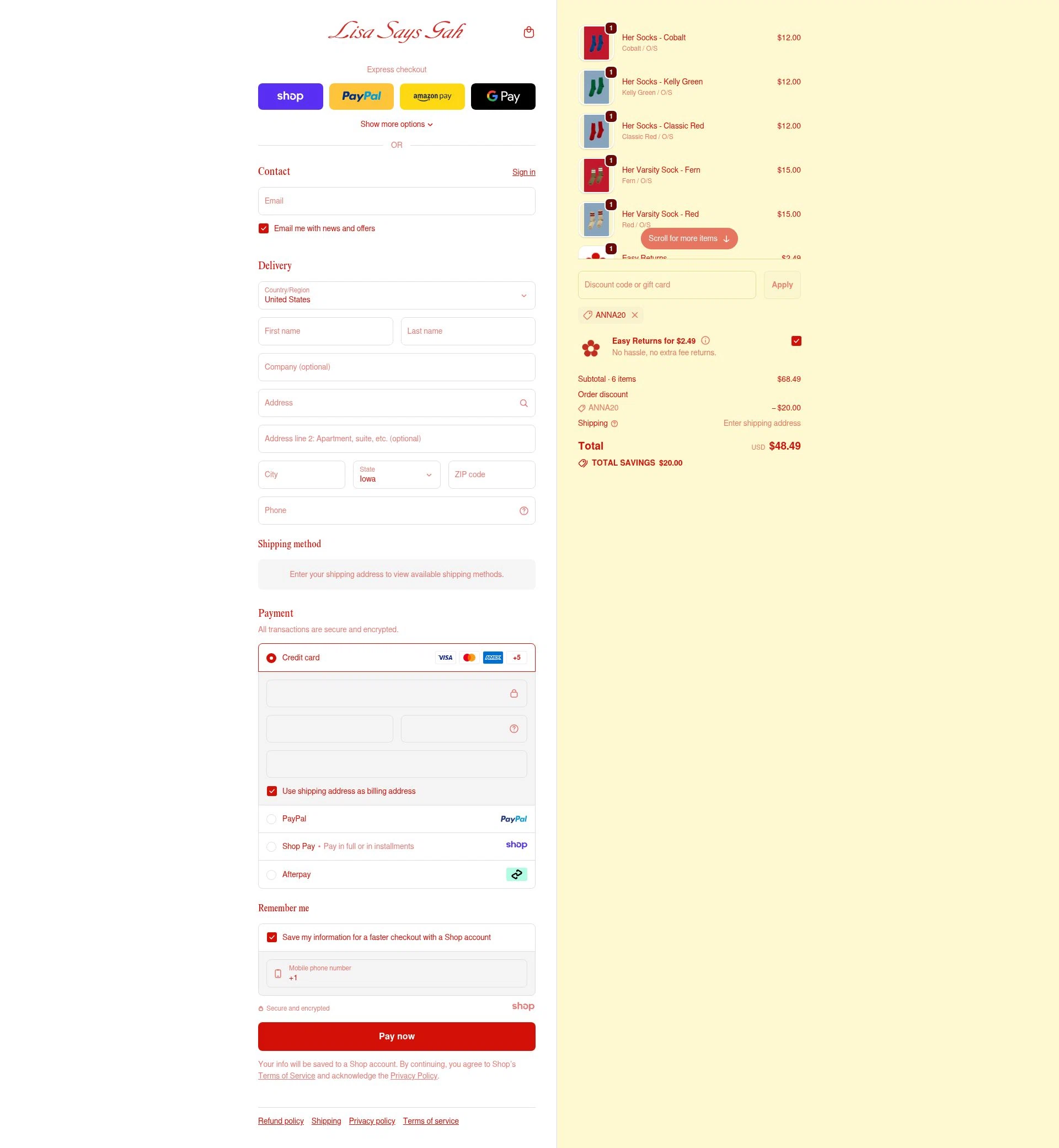Lisa Says Gah checkout page showing Lisa Says Gah discount code box | Screenshot taken by SimplyCodes community member on Nov 6, 2025