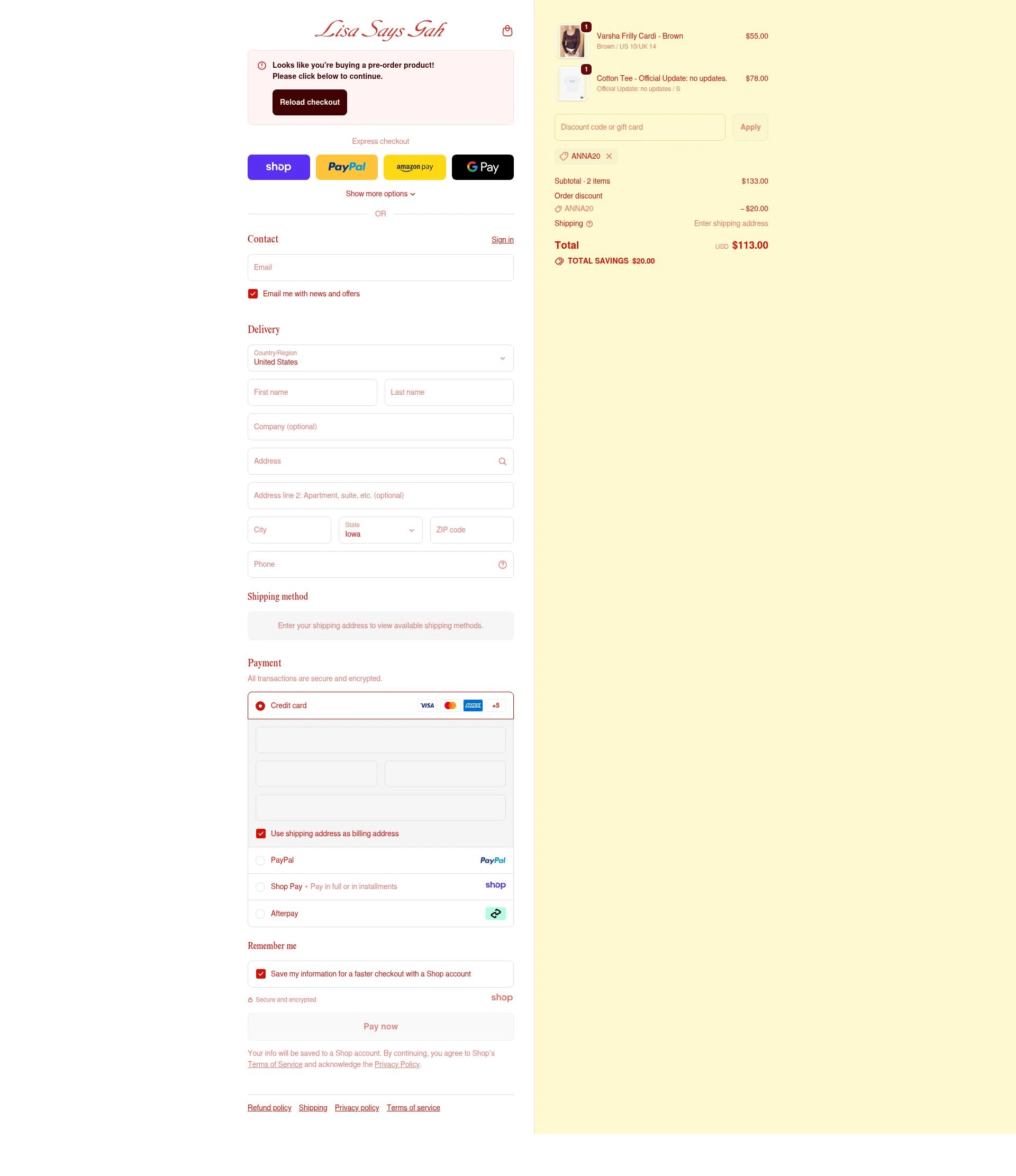 Lisa Says Gah checkout page showing Lisa Says Gah discount code box | Screenshot taken by SimplyCodes community member on Dec 8, 2025