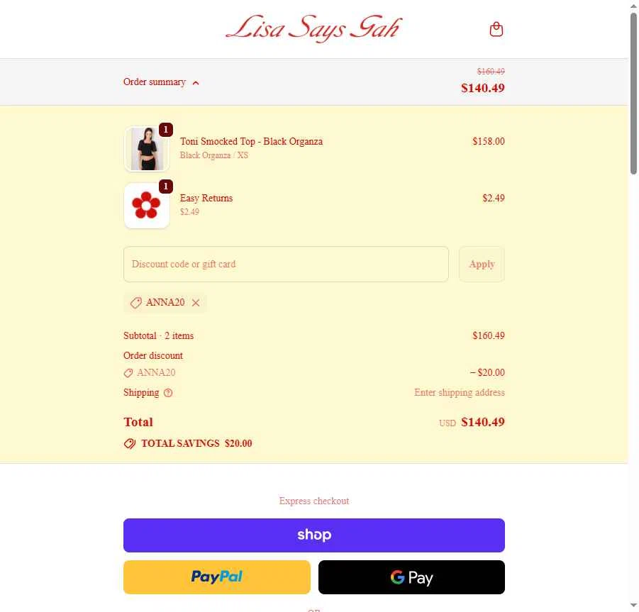 Lisa Says Gah checkout page showing Lisa Says Gah discount code box | Screenshot taken by SimplyCodes community member on Nov 17, 2025