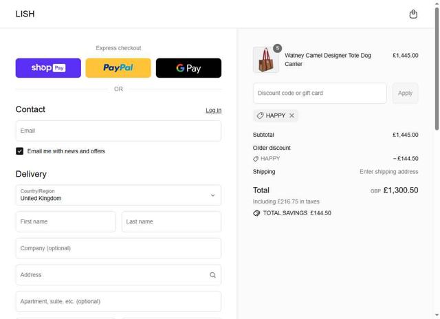 LISH London checkout page showing LISH London promo code box | Screenshot taken by SimplyCodes community member on Aug 2, 2025