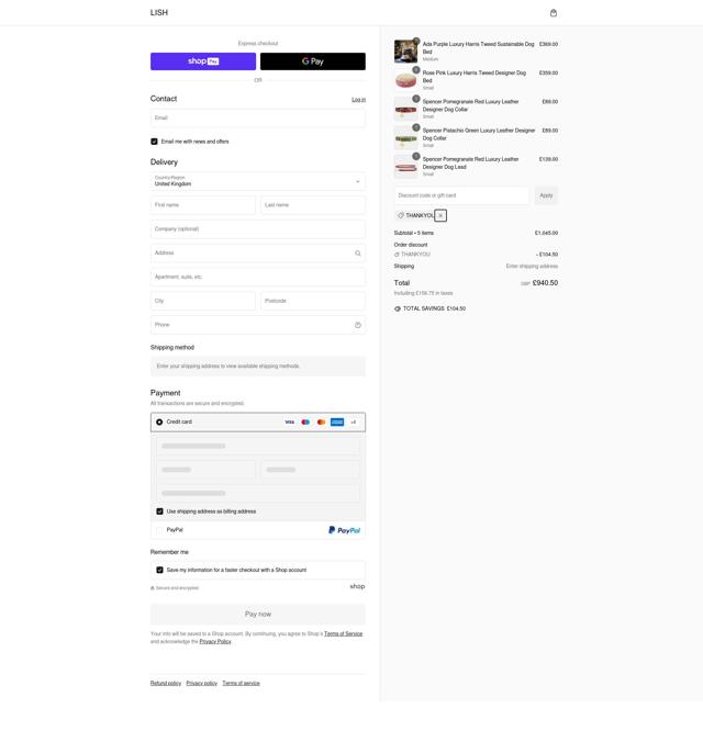 LISH London checkout page showing LISH London promo code box | Screenshot taken by SimplyCodes community member on Jan 14, 2025