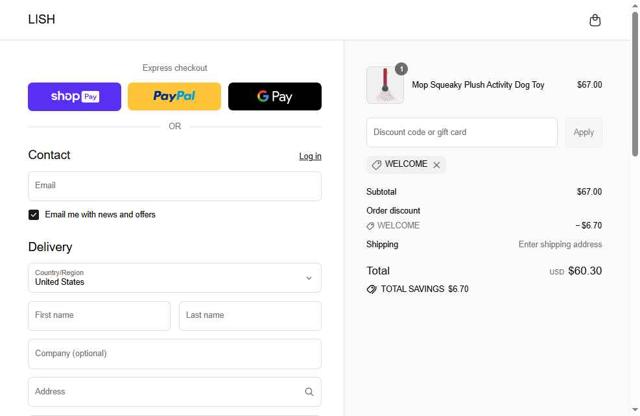 LISH London checkout page showing LISH London promo code box | Screenshot taken by SimplyCodes community member on Aug 2, 2025