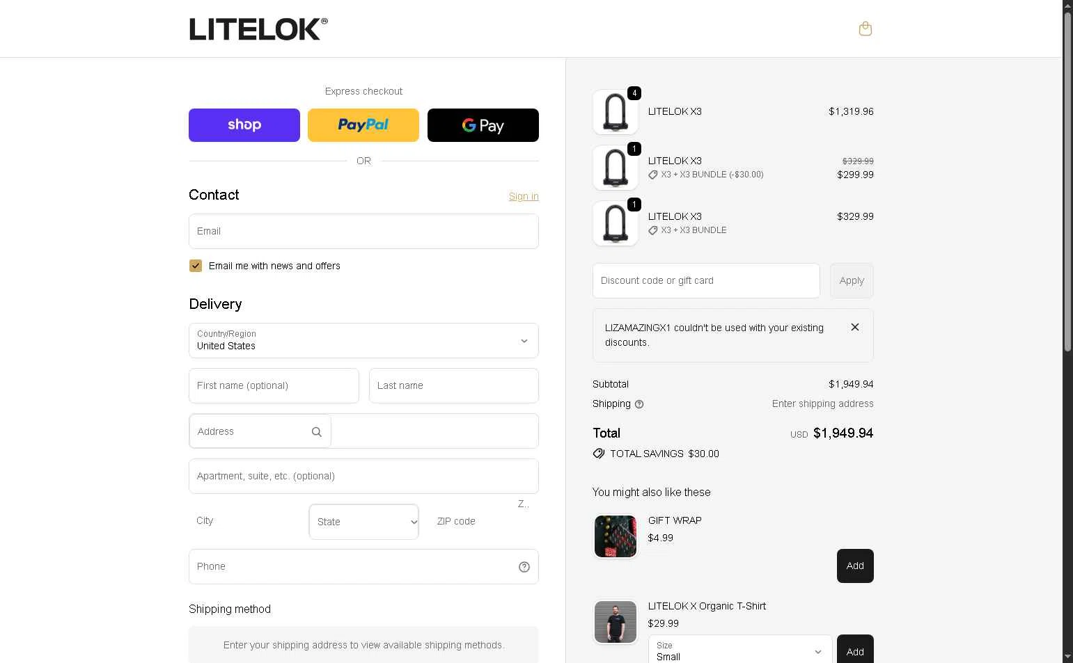 Litelok checkout page showing Litelok discount code box | Screenshot taken by SimplyCodes community member on Feb 13, 2026