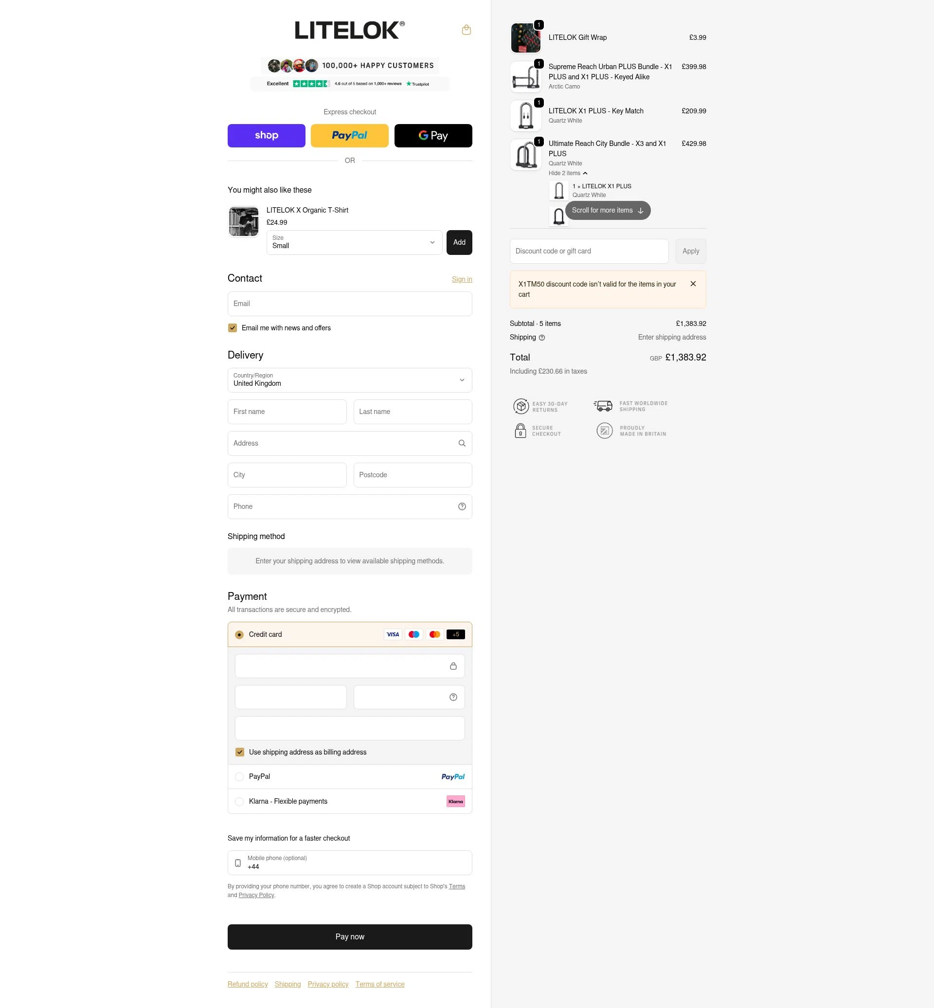 Litelok checkout page showing Litelok discount code box | Screenshot taken by SimplyCodes community member on Feb 13, 2026